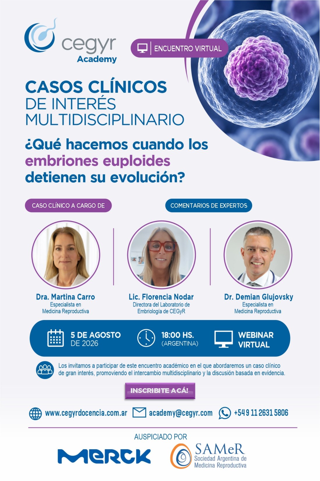 Flyer del encuentro virtual sobre embriones euploides, 5 de agosto de 2026 a las 18 horas